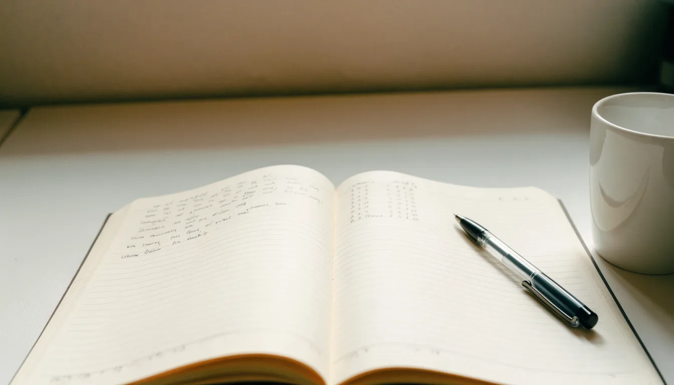 Ein aufgeschlagenes Notizbuch mit handschriftlichen Notizen und ein Kugelschreiber liegen auf einem hellen Schreibtisch neben einer Kaffeetasse.