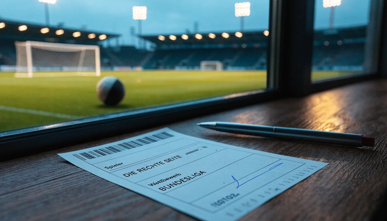 Ein Fußballplatz mit Flutlichtmasten in der Abenddämmerung, aus der Ferne gesehen, leere Tribünen und nasser Rasen unter bewölktem Himmel.
