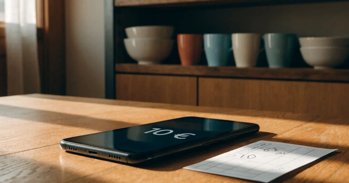 Eine Hand legt ein paar Münzen neben ein umgedrehtes Smartphone auf eine graue Tischplatte, dahinter verschwommen ein Küchenregal.