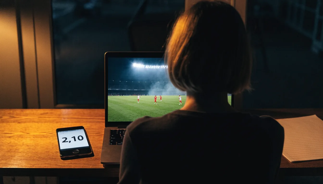 Ein Stadion unter Flutlicht bei Nacht, von einem Hügel aus der Ferne betrachtet, mit Dunst über dem Spielfeld.