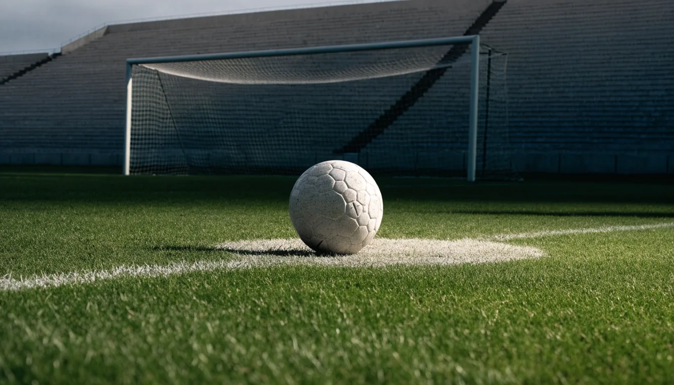 Ein Fußball liegt auf dem Elfmeterpunkt eines leeren Rasenplatzes, im Hintergrund eine Tribüne im Dunst.