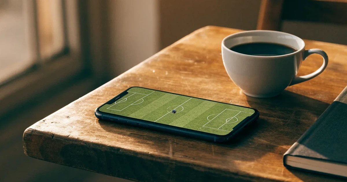 Ein Smartphone mit dunklem Bildschirm liegt auf einem Tisch in einem Café, daneben eine Tasse und ein Notizbuch.