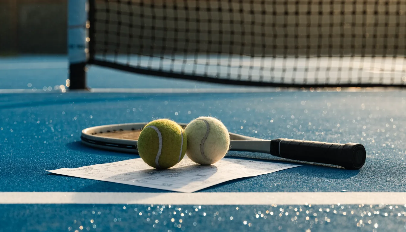 Zwei Tennisbälle und ein Schläger liegen auf der Grundlinie eines Hartplatzes, kleine Wassertropfen glänzen auf dem Belag.