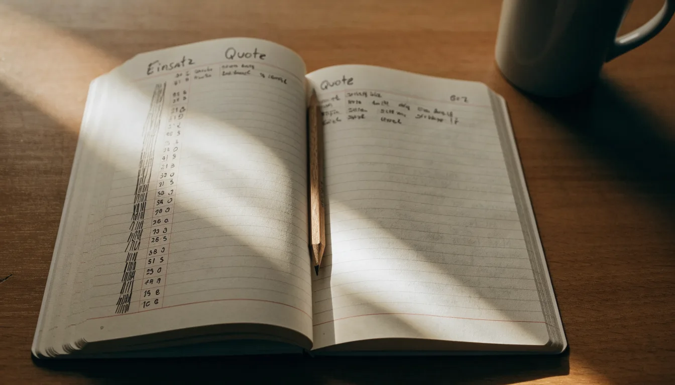 Ein handschriftlich geführtes Heft mit Strichlisten liegt neben einem Bleistift auf einem Tisch, seitlich fällt Tageslicht herein.