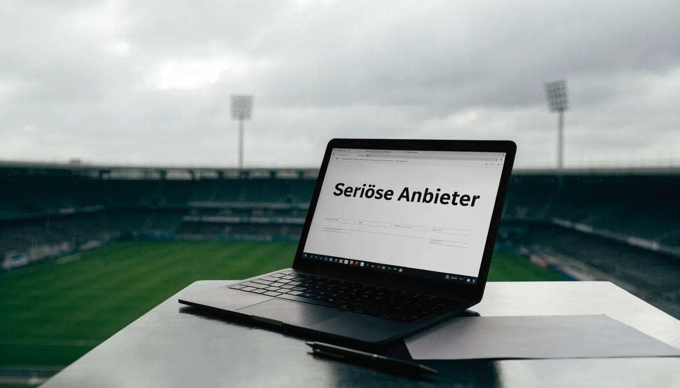 Ein leeres Stadion von außen, hohe Flutlichtmasten vor einem grauen Himmel mit Regenwolken.