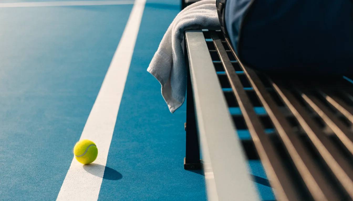 Ein gelber Tennisball liegt auf einer weißen Linie, daneben ein Handtuch auf einer Bank am Spielfeldrand.