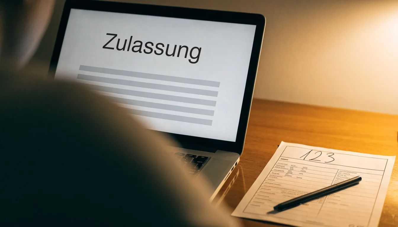 Eine Waage aus Messing steht neben einer Lupe auf einem polierten Schreibtisch im Licht einer Lampe.