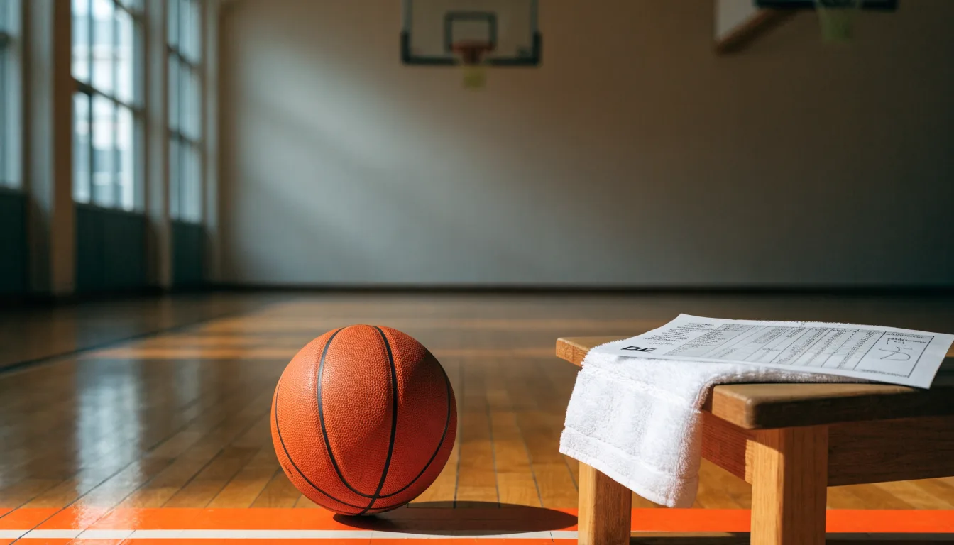 Ein Basketball liegt auf der Freiwurflinie einer Halle, im Vordergrund ein Handtuch auf einer Bank.
