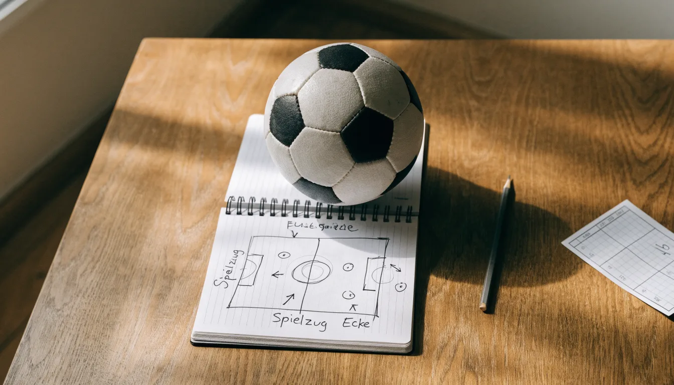 Ein Fußball liegt auf einem Notizbuch mit handgezeichneten Skizzen von Spielzügen, aufgenommen von oben auf einem Holztisch.