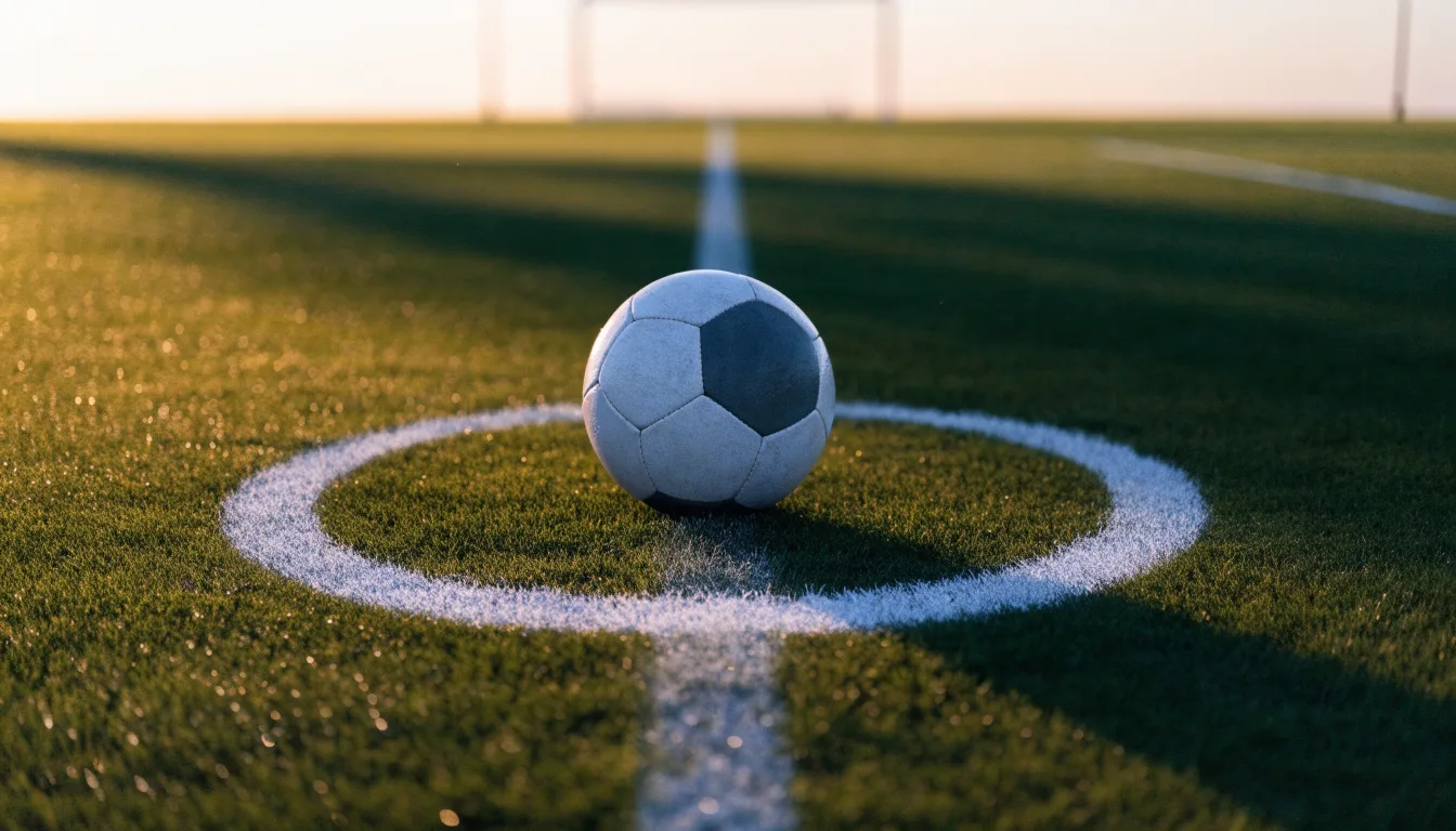 Ein Fußball liegt auf dem Anstoßpunkt eines Rasens bei Sonnenaufgang, Tau glitzert auf den Halmen.