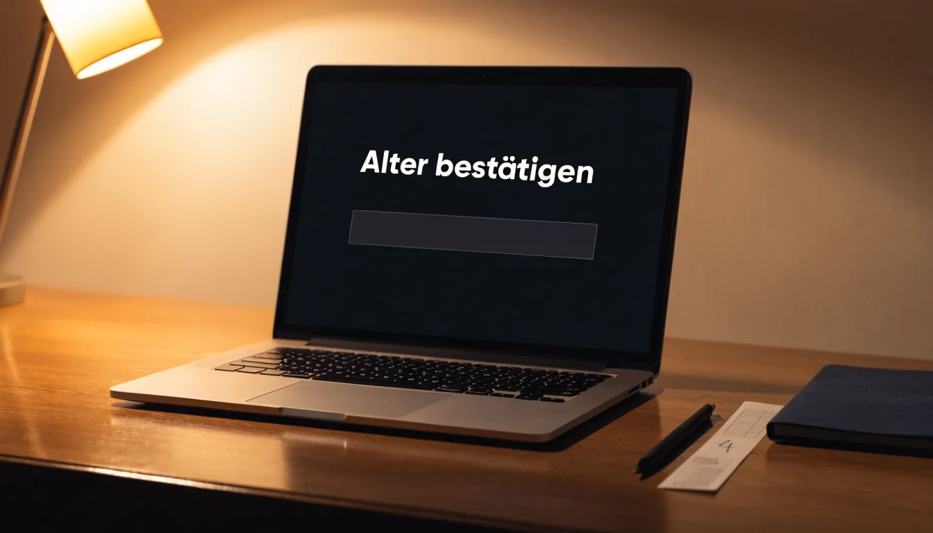 Ein Schreibtisch mit Kugelschreiber, Lupe und einem geschlossenen Ordner ohne Beschriftung in warmem Lampenlicht.