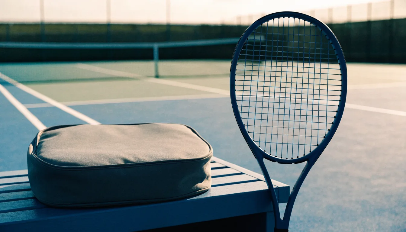 Ein Tennisschläger lehnt an einer Bank neben einer Sporttasche, im Hintergrund ein leerer Platz.