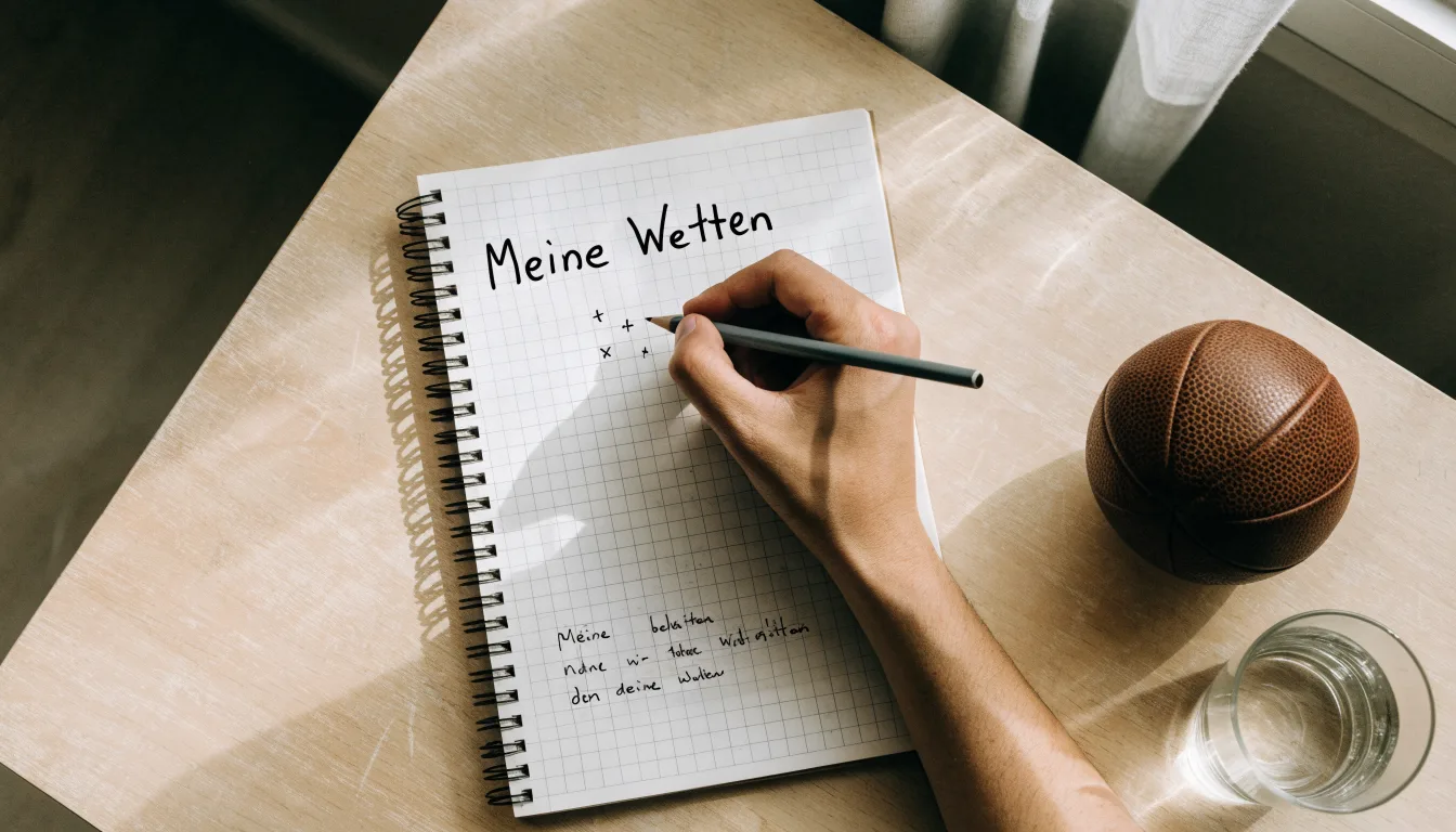 Eine Hand notiert mit Bleistift Zahlen in ein kariertes Heft, daneben liegt ein kleiner Lederfußball auf einer Holzplatte.