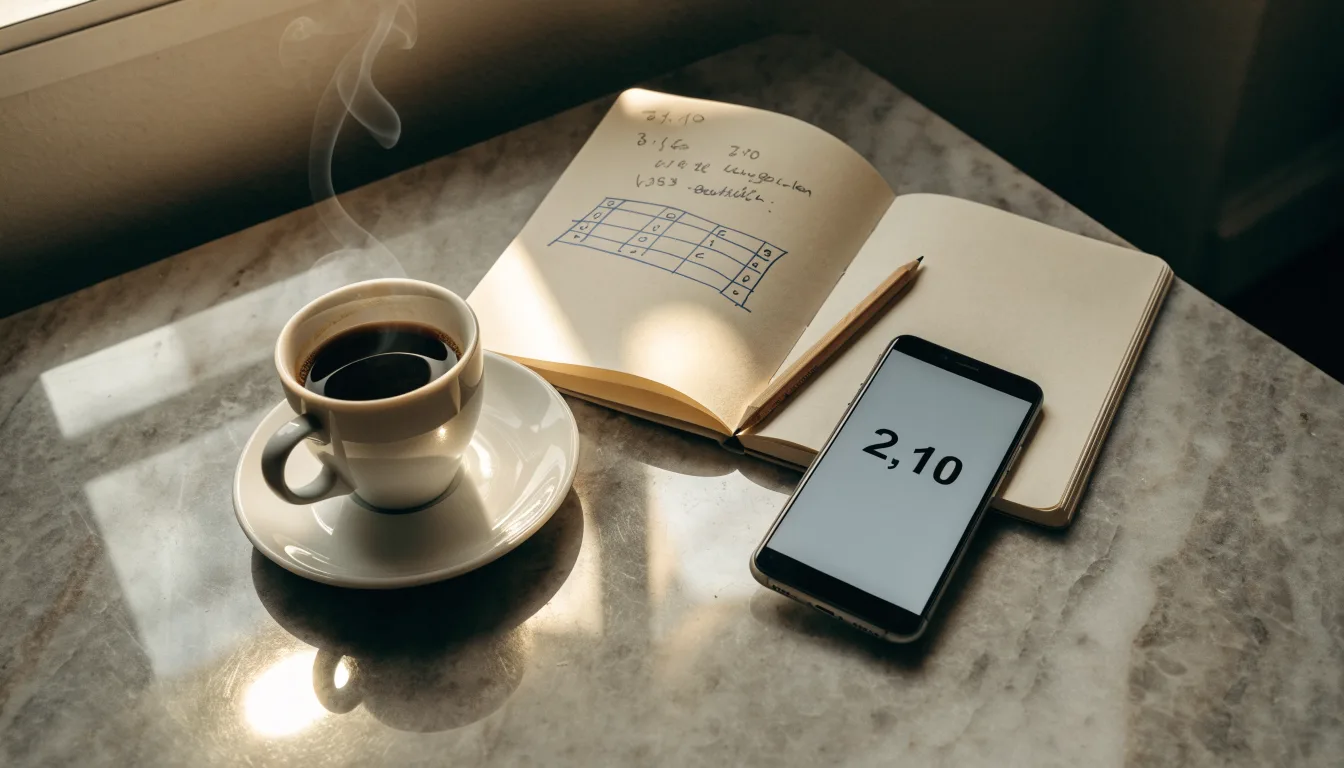 Eine Espressotasse steht auf einem kleinen Marmortisch einer Terrasse, daneben ein Notizheft mit handschriftlichen Skizzen.