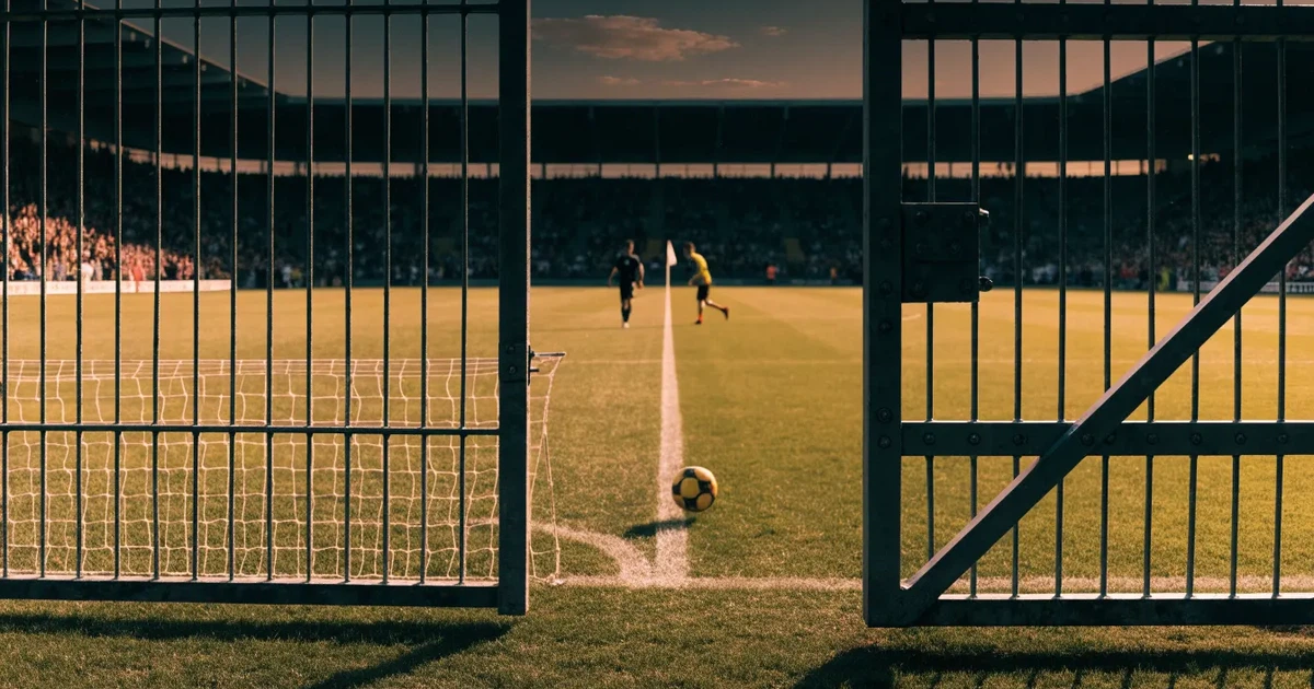 Blick durch ein Stadiontor auf einen grünen Rasen im Abendlicht, ein Ball liegt an der Eckfahne, die Ränge sind leer.
