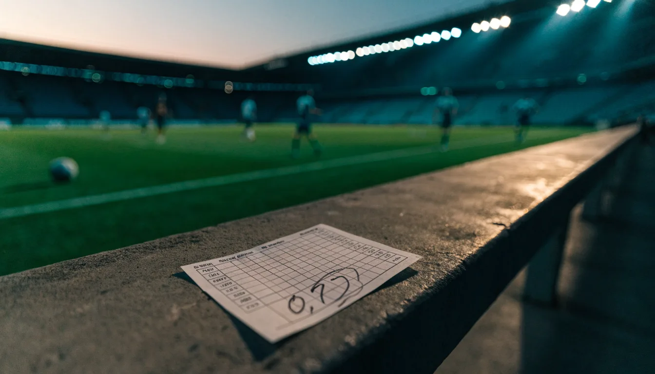 Eine leere Stadiontribüne unter Flutlicht aus der Ferne betrachtet, die Rasenfläche leuchtet grün in der Dämmerung.