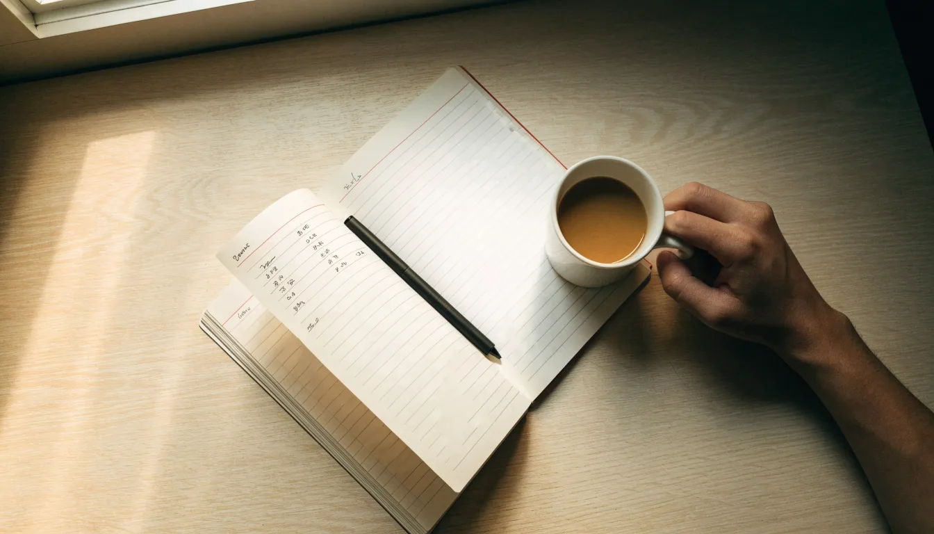 Ein Notizbuch mit handschriftlichen Rechnungen und ein Taschenrechner liegen auf einem aufgeräumten Schreibtisch in warmem Licht.
