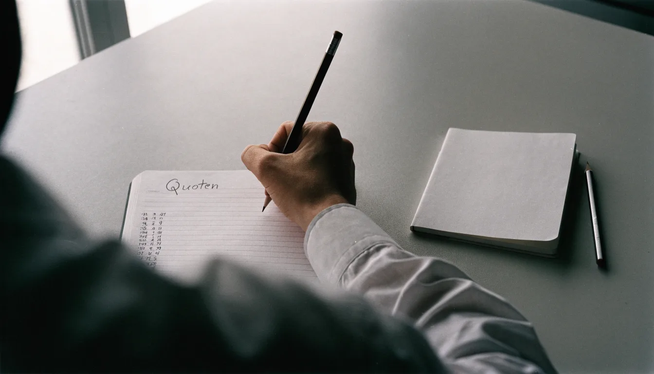 Ein Taschenrechner, ein Bleistift und ein Block mit handschriftlichen Zahlenreihen liegen auf einer grauen Arbeitsfläche.