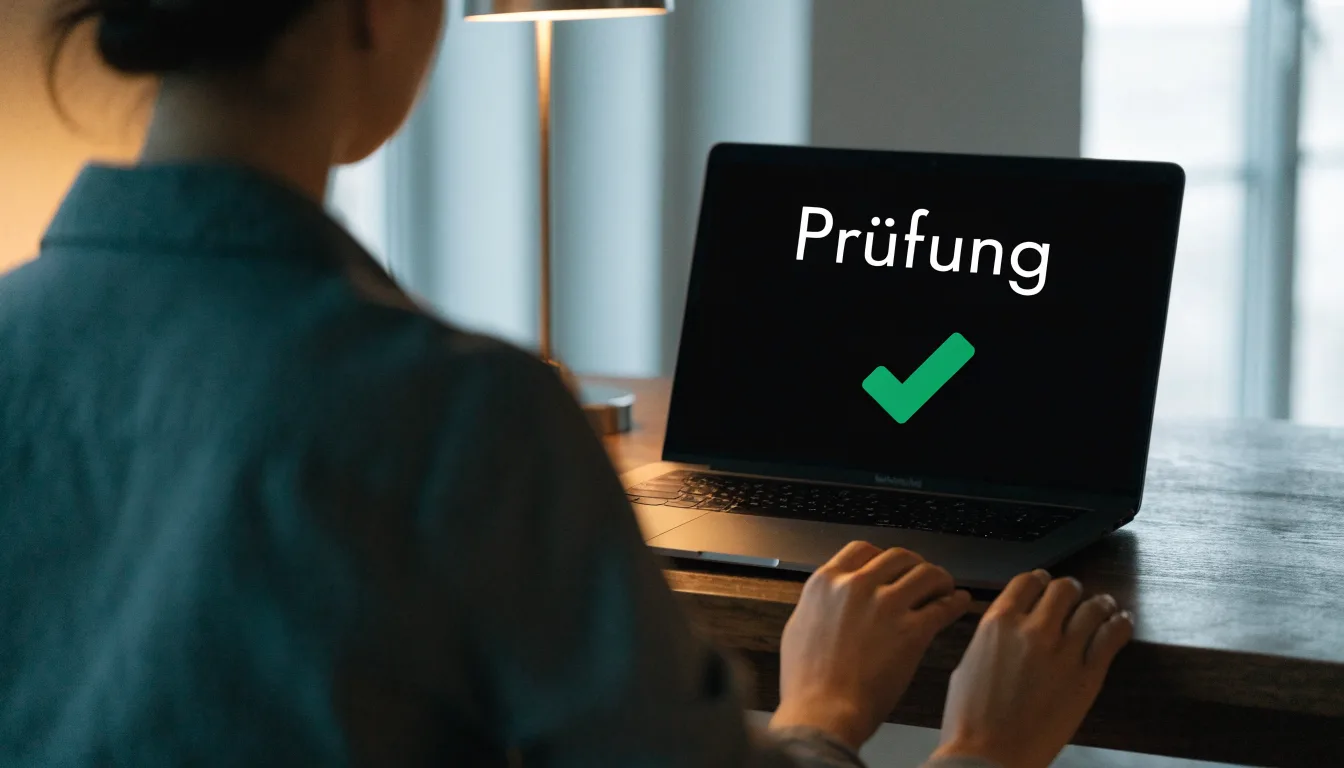 Eine Balkenwaage aus Messing steht auf einem Schreibtisch, daneben ein hölzerner Hammer, das Licht fällt von einem hohen Fenster.