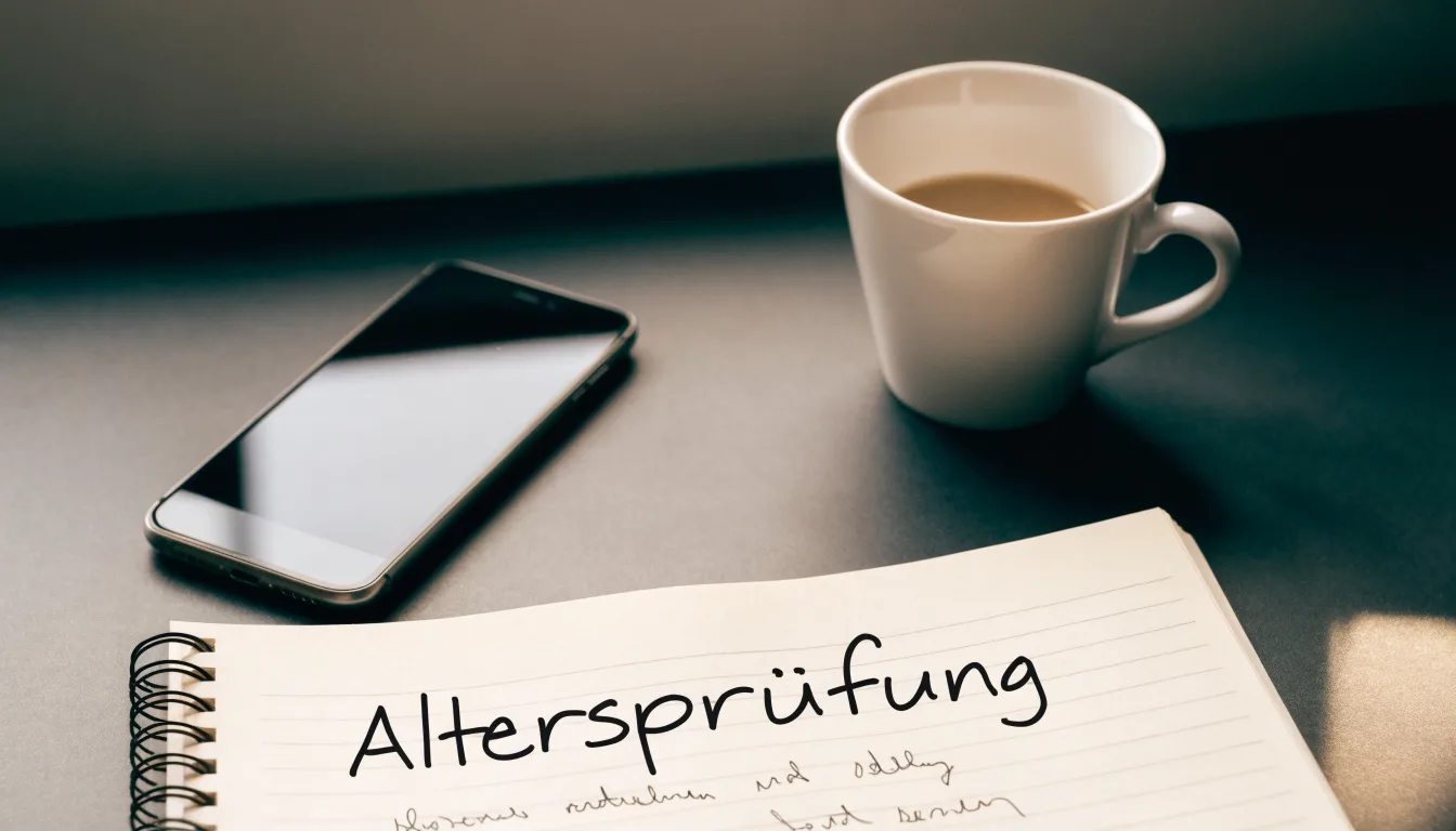 Ein Smartphone liegt mit dunklem Display auf einem Schreibtisch neben einem Notizbuch und einer Kaffeetasse.