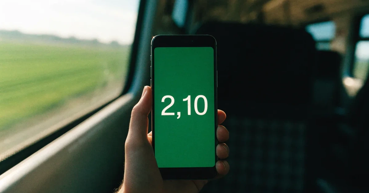 Eine Hand hält ein Smartphone mit dunklem Display in einem Zug, am Fenster ziehen verschwommen Felder vorbei.