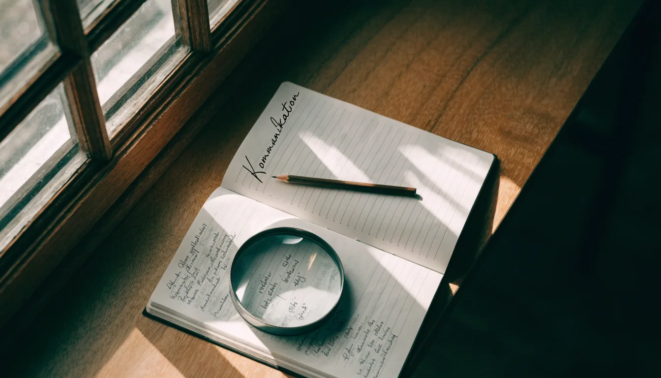 Ein schmaler Schreibtisch am Fenster mit einem Notizbuch, einer Lupe und einem Bleistift im Morgenlicht.