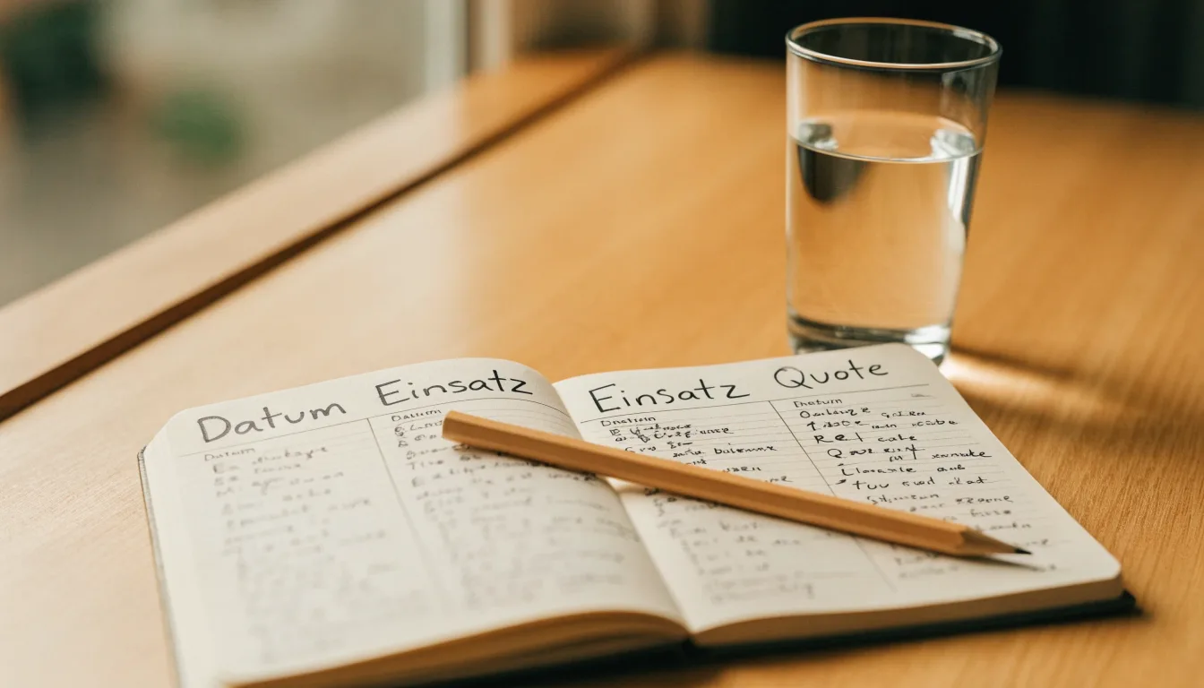 Ein Notizbuch mit handgezeichneten Spalten und ein Bleistift liegen auf einem hellen Holztisch neben einem Glas Wasser.