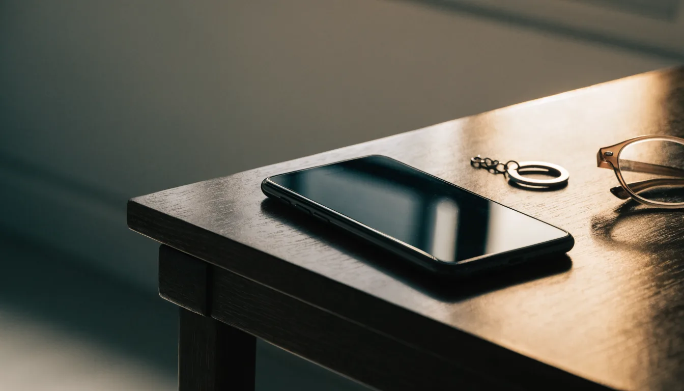 Ein Smartphone liegt mit dunklem Display auf einem Schreibtisch neben einem Schlüsselbund und einer Brille.