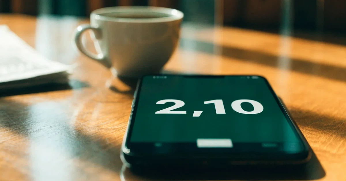 Eine Hand hält ein Smartphone mit dunklem Display, im Hintergrund unscharf ein Café-Tisch mit einer Tasse.