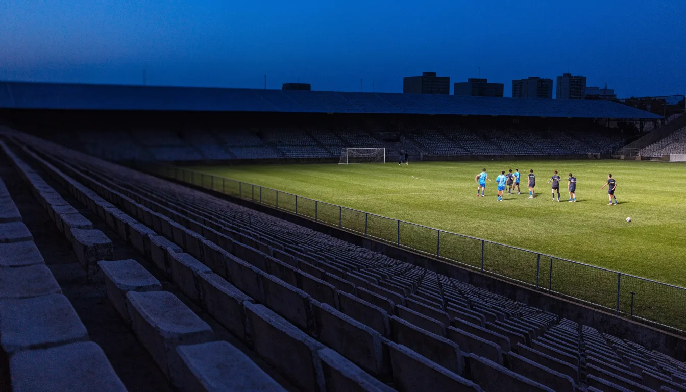 Eine leere Stadiontribüne unter Flutlicht aus der Ferne betrachtet, die Rasenfläche leuchtet grün in der Dämmerung.