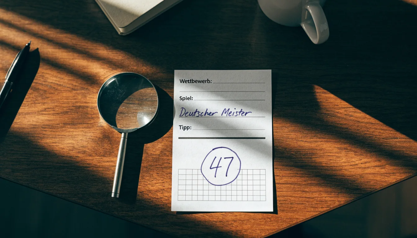 Ein leerer Wettschein aus Papier und ein Kugelschreiber liegen auf einem Schreibtisch neben einer Lupe.