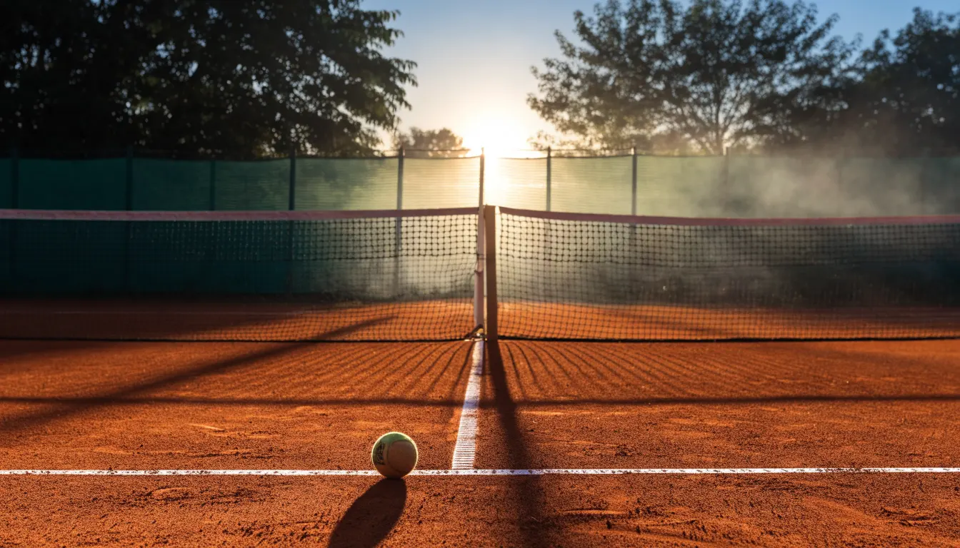 Ein Tennisplatz aus Sand bei Sonnenaufgang, das Netz im Gegenlicht, kein Mensch zu sehen.