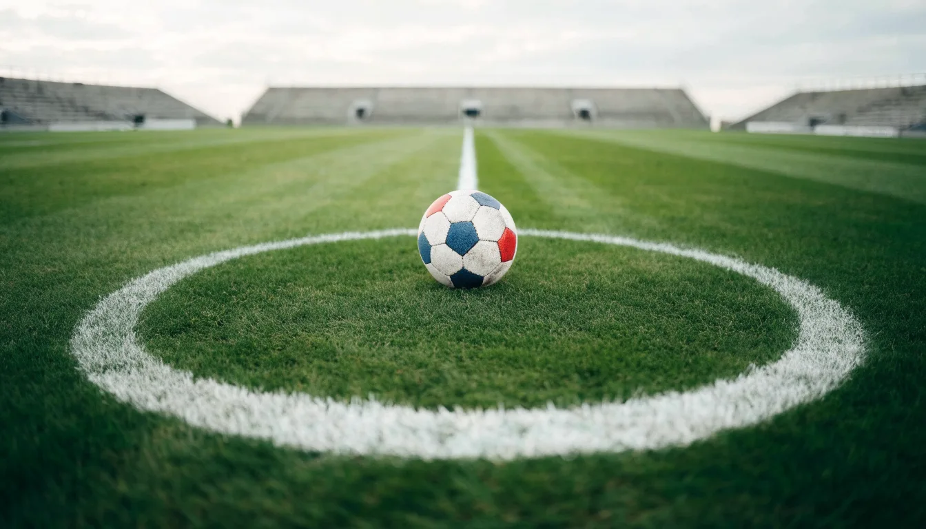 Ein Fußball liegt auf dem Anstoßpunkt eines leeren Rasenplatzes, im Hintergrund eine ruhige Tribüne unter bedecktem Himmel.