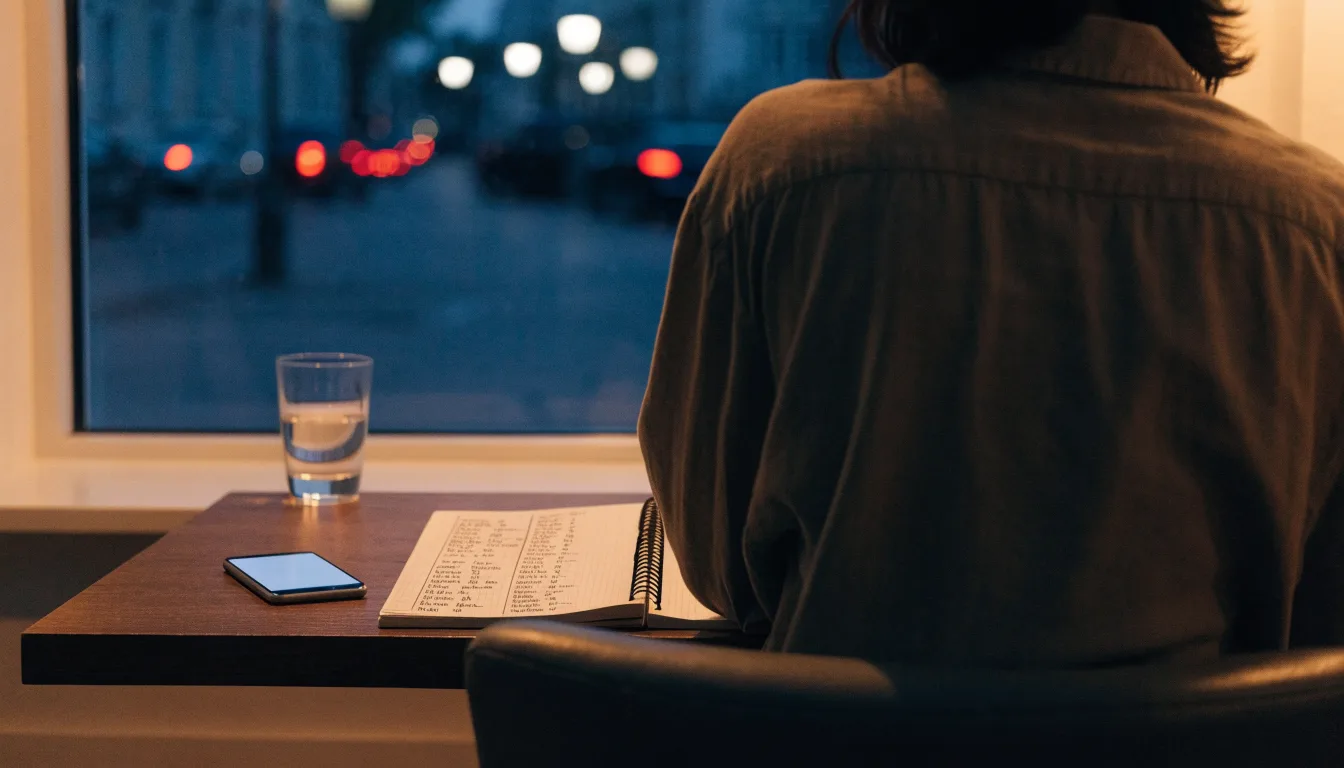 Die Silhouette einer Person sitzt am Abend am Fenster und blickt auf eine Straße, auf dem Fensterbrett steht ein Glas Wasser.