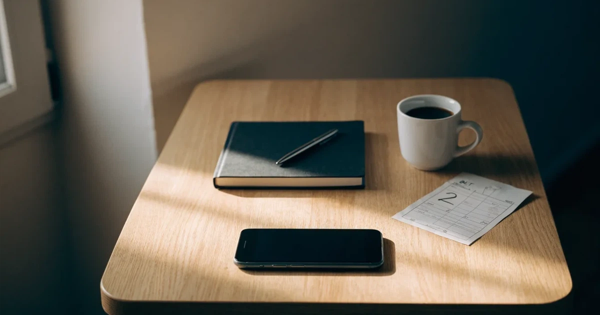 Ein Holzschreibtisch im Morgenlicht mit geschlossenem Notizbuch, Kugelschreiber und Kaffeetasse, daneben ein Smartphone mit dunklem Bildschirm.