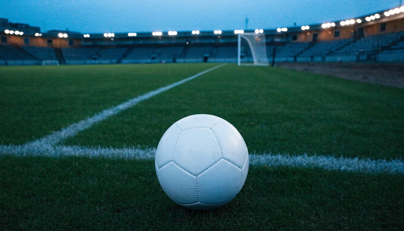 Ein Fußball liegt auf dem Rasen eines leeren Platzes, im Hintergrund ein Stadion unter Flutlicht in der Abenddämmerung.