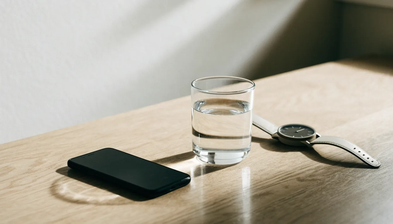 Ein Smartphone liegt mit dem Display nach unten auf einem Küchentisch, daneben stehen ein Glas Wasser und eine Armbanduhr.
