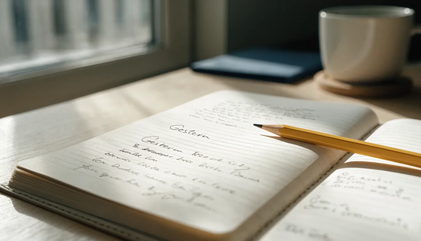 Ein Notizbuch mit handschriftlichen Notizen und ein Bleistift liegen auf einem Schreibtisch am Fenster, draußen fällt Morgenlicht herein.
