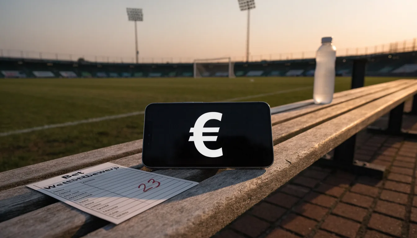 Eine leere Parkbank am Rand eines Fußballfelds in der Abenddämmerung, im Hintergrund ragen dunkle Flutlichtmasten in den Himmel.