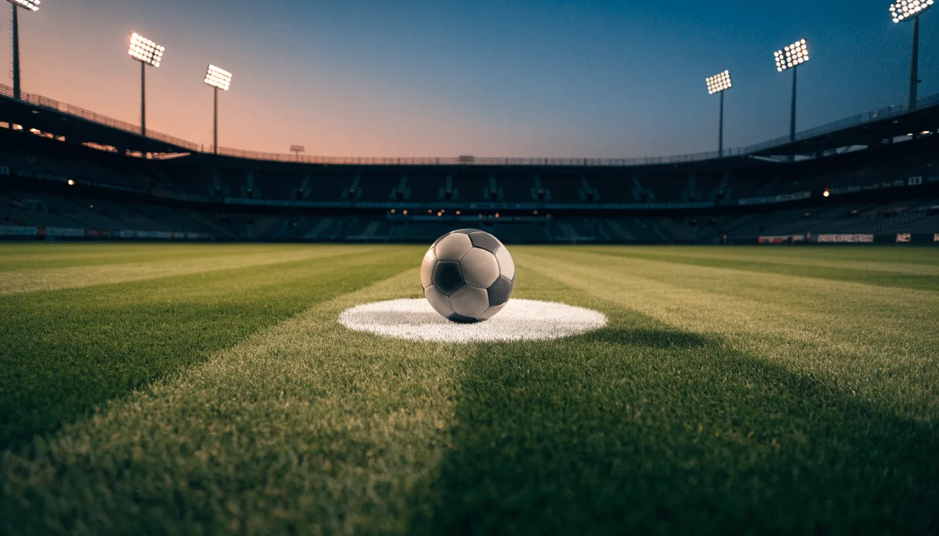 Ein Fußball liegt auf dem Anstoßpunkt eines leeren Rasenplatzes, im Hintergrund steht ein Stadion unter Flutlicht in der Dämmerung.