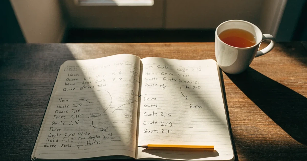 Ein Notizbuch mit handschriftlichen Notizen und Pfeilen liegt aufgeschlagen auf einem Schreibtisch, daneben ein Bleistift und eine Tasse Tee.