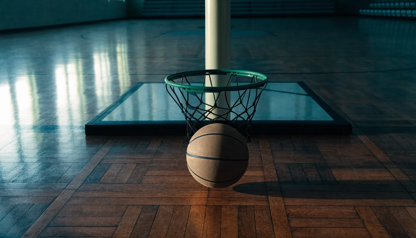 Ein Basketball liegt auf dem Hallenboden unter einem Korb, das Netz hängt ruhig, Morgenlicht fällt durch hohe Fenster.