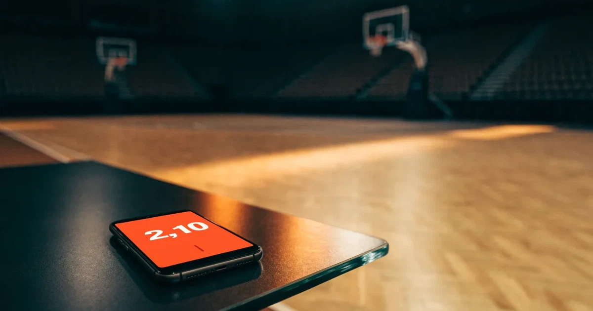 Eine leere Basketballhalle von einer oberen Tribünenreihe aus gesehen, Parkett und Körbe im Licht der Hallenstrahler.