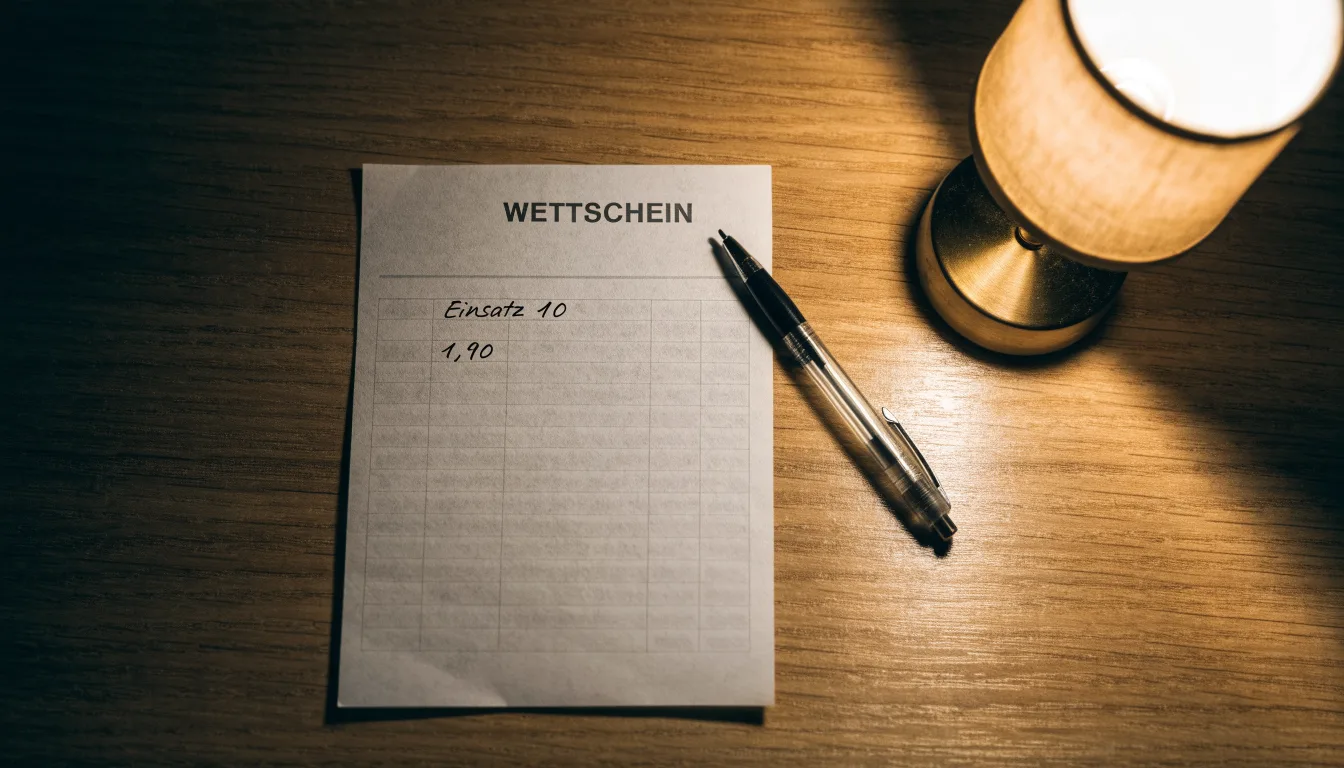 Ein leerer Wettschein aus Papier und ein Kugelschreiber liegen auf einer Tischplatte neben einer kleinen Tischlampe.