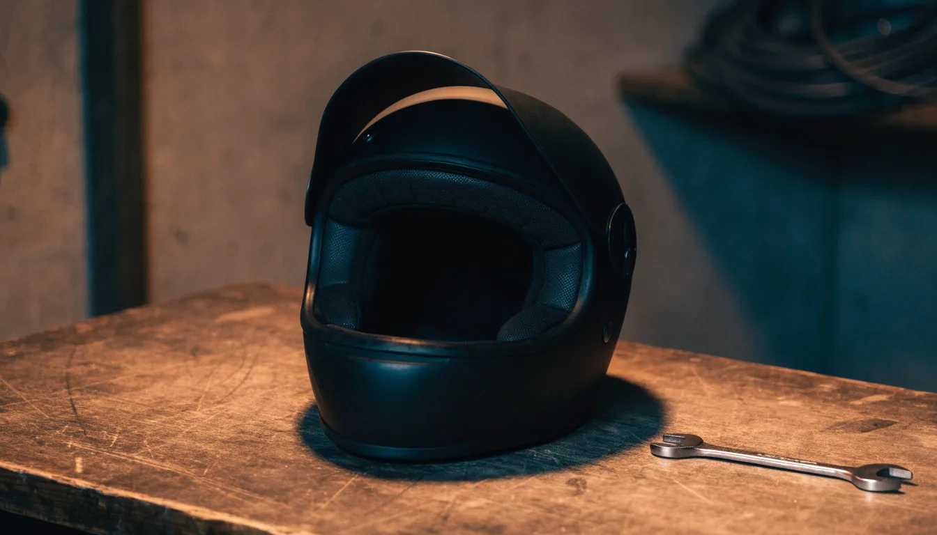 Ein schwarzer Motorradhelm ohne Aufdruck liegt auf einer Werkbank neben einem Schraubenschlüssel, warmes Licht einer Werkstatt.