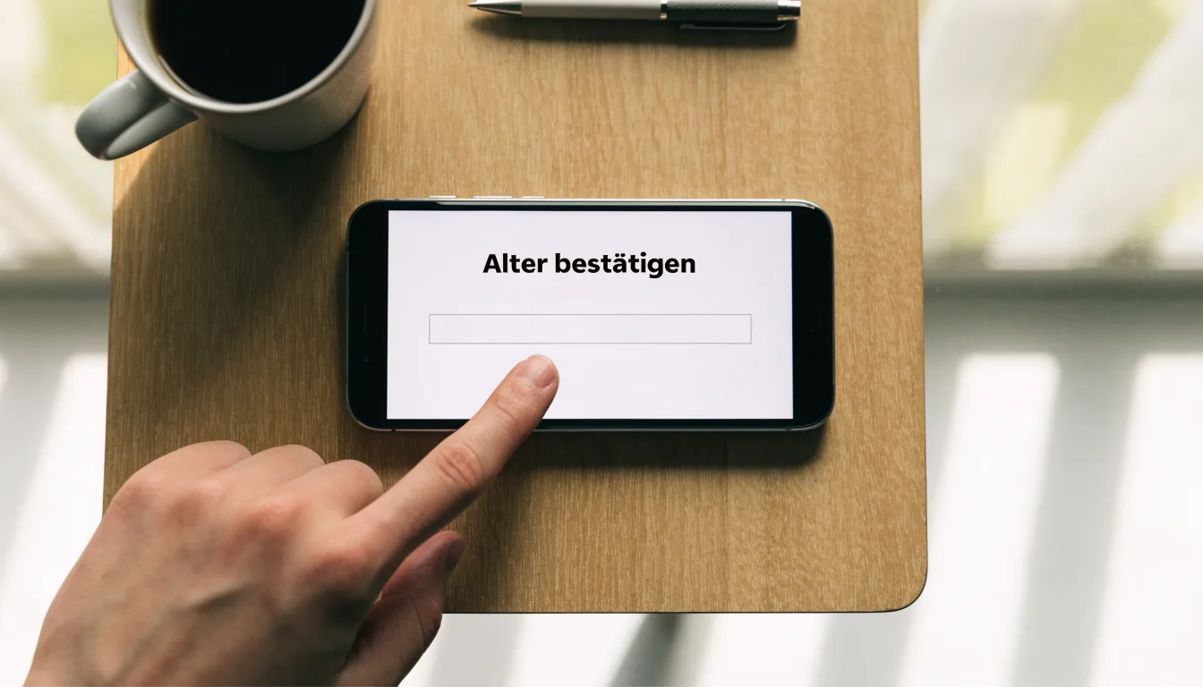 Eine Messingwaage steht auf einem Holzschreibtisch neben einer Kaffeetasse, im Hintergrund ein helles Fenster.