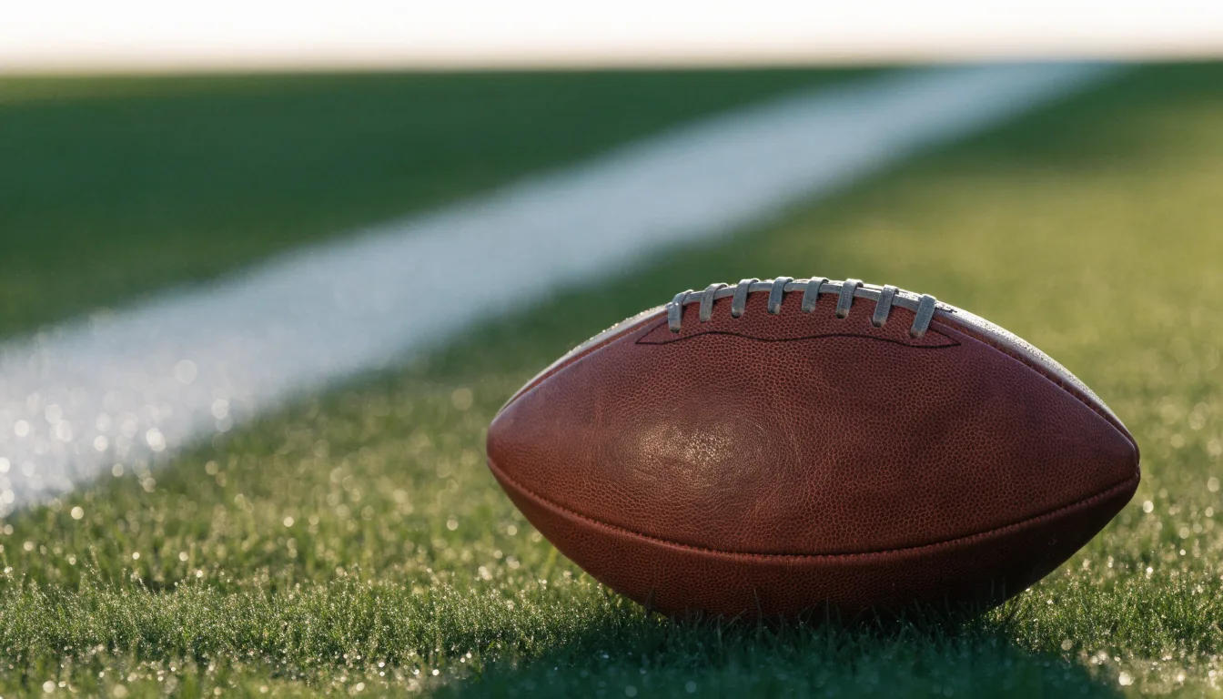 Ein ovaler Lederball mit heller Schnürung liegt auf dem Rasen vor der Endzone, Tau auf dem Gras im ersten Morgenlicht.