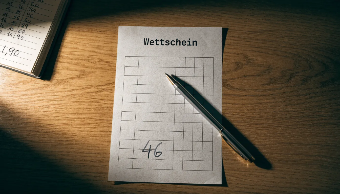 Ein leerer Papierwettschein, ein Kugelschreiber und ein Taschenrechner liegen auf einem Holztisch, warmes Licht einer Schreibtischlampe.